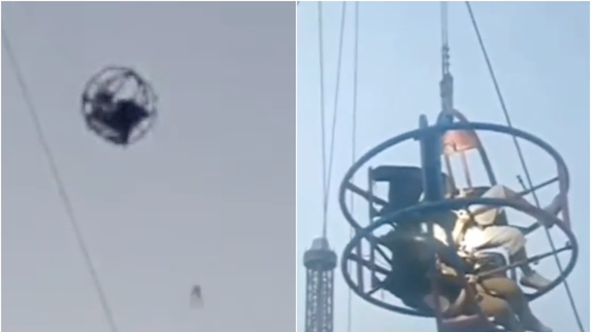 På ett nöjesfält i Kina slungades två personer upp i luften när en av säkerhetslinorna släppte.